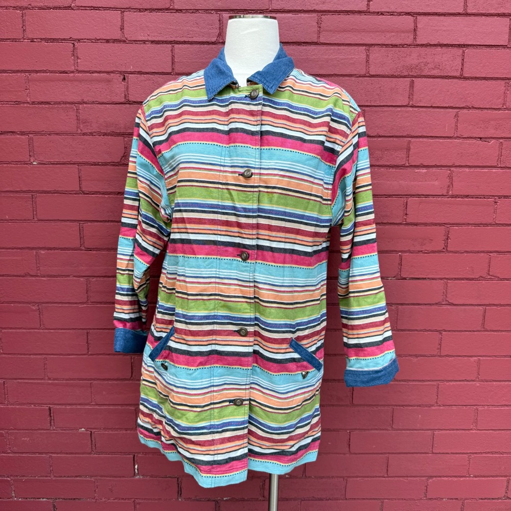 Back In The Saddle Womens M Multi Color Striped Cotton Chore Jacket Denim Trim